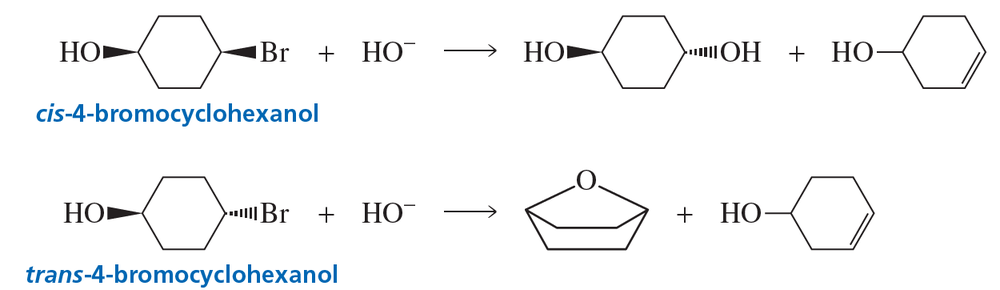 Chemical reactions of cis-4-bromocyclohexanol and trans-4-bromocyclohexanol with hydroxide ions.