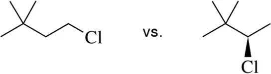 Structural comparison of two haloalkanes with chlorine, indicating reactivity in Sₙ1 or E1 reactions.