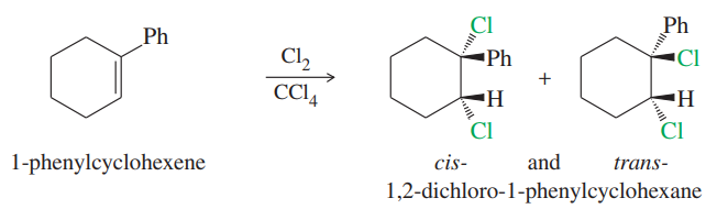 Reaction scheme showing 1-phenylcyclohexene converting to cis and trans isomers of 1,2-dichloro-1-phenylcyclohexane.