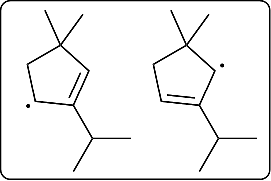 Two chemical structures with highlighted radical sites in a compound.
