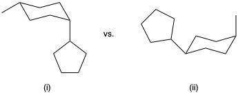 Comparison of two molecular conformations for strain energy analysis in organic chemistry.