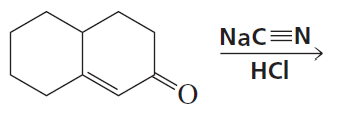 Chemical structure showing a bicyclic compound with a carbonyl group and a reaction involving sodium cyanide and hydrochloric acid.