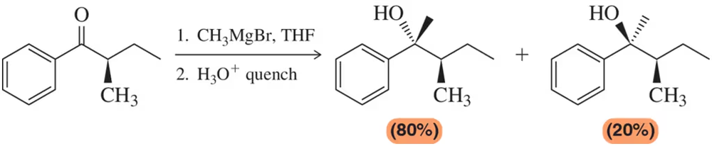 Grignard reaction with ketone forms racemic 3° alcohols, 80% major and 20% minor stereoisomers shown.