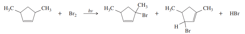 Chemical reaction showing allylic bromination with bromine and light, producing two products and HBr.