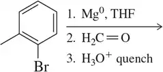 Reaction scheme showing a bromobenzene compound undergoing nucleophilic addition with steps and reagents listed.