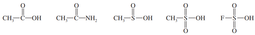 Structural formulas of five compounds: acetic acid, acetamide, methyl sulfonic acid, methyl sulfinic acid, and fluorosulfonic acid.