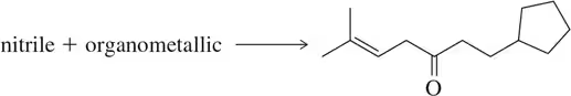 Nitrile and organometallic reaction forming a ketone with a cyclopentyl and isopropenyl group.