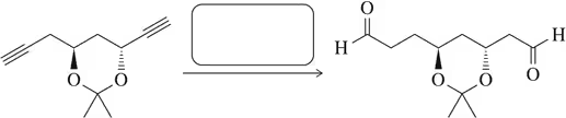 Chemical structure showing alkyne hydration with reactants on the left and product on the right, indicating a synthesis reaction.