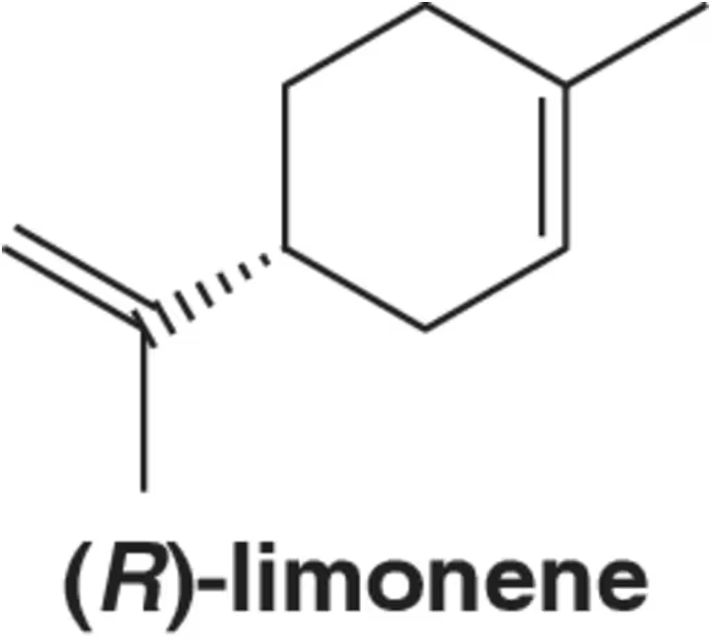 Chemical structure of (R)-limonene, a cyclic terpene with a citrus scent, labeled clearly for educational purposes.