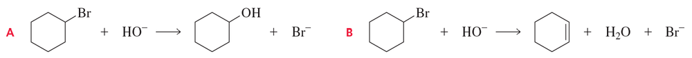 Chemical reaction diagrams comparing two reactions labeled A and B, highlighting reactants and products with bromine and hydroxide.