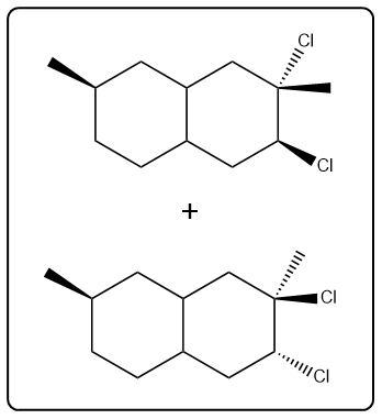 Visual representation of a compound reacting with Cl2, showing resulting products.