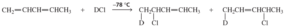 Chemical reaction diagram illustrating 1,2 and 1,4 addition products of conjugated hydrohalogenation at low temperature.