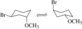 Structural representation of chair conformations showing substituents on a cyclohexane ring interconverting positions.