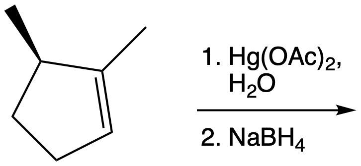 Chemical reaction diagram for oxymercuration with reagents Hg(OAc)2 and NaBH4.