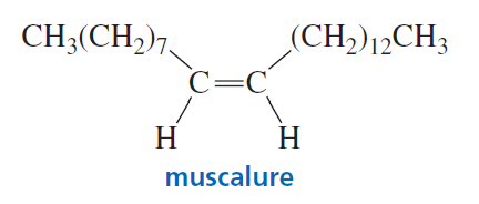 Chemical structure of muscalure, a sex attractant for houseflies, with molecular formula components labeled.