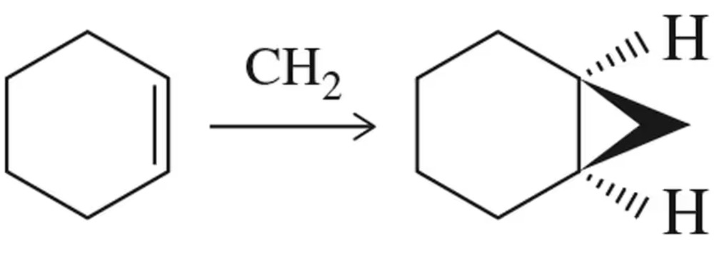 Arrow-pushing mechanism showing cyclohexene reacting with methylene carbene to form cyclopropane.