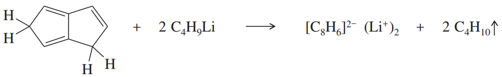 Chemical reaction showing a hydrocarbon reacting with butyllithium to form a dianion and butane byproducts.