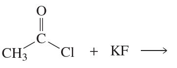 Chemical reaction showing acyl chloride and potassium fluoride as reactants, leading to nucleophilic acyl substitution.