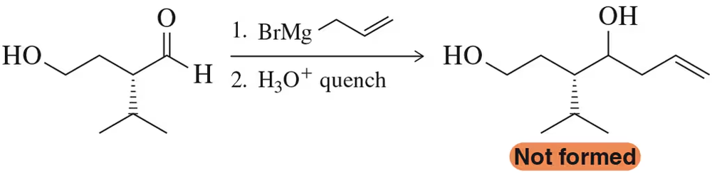 Chemical reaction diagram showing alcohol and carbonyl compounds, indicating a failed diol formation with "Not formed" highlighted.