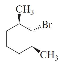 Brominated cyclohexane with two methyl groups, illustrating the anti-coplanar arrangement for elimination reactions.