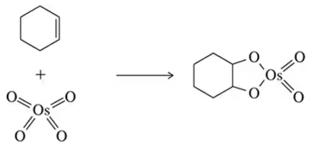 Chemical reaction diagram showing benzene and osmium tetroxide reacting to form a cyclic compound with two hydroxyl groups.