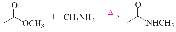 Chemical reaction diagram showing acyl substitution with reactants and product labeled, including heat symbol.