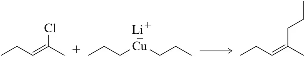 Grignard reaction showing alkyl chloride and lithium cuprate forming a new carbon-carbon bond with stereochemistry.