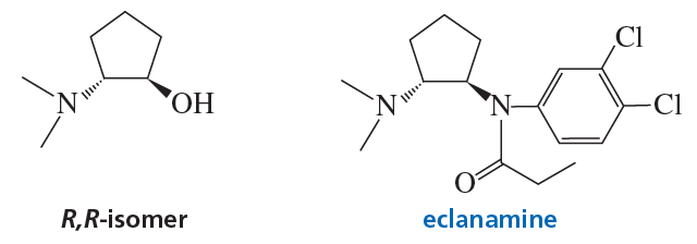 Chemical structures of R,R-isomer and eclanamine, an antidepressant, with labels indicating each compound.