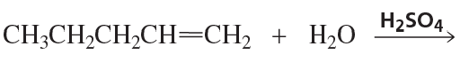 Chemical reaction showing the addition of water to an alkene with sulfuric acid as a catalyst, producing stereoisomers.