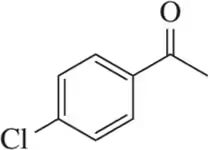 Chemical structure of 4-chloroacetophenone, showing a benzene ring with a chlorine atom and a carbonyl group attached.