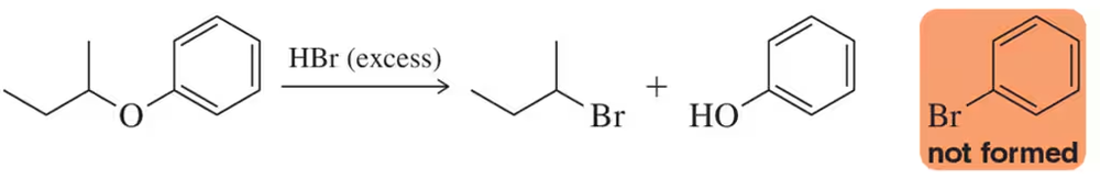 Ether reacts with excess HBr to form isopropyl bromide and phenol; bromobenzene is not formed.