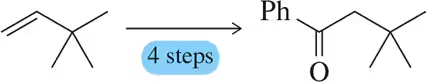 Chemical reaction: alkene to ketone with phenyl group, 4 steps indicated, arrow pointing from reactant to product.