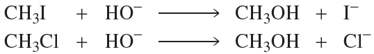 Chemical equations comparing the reaction rates of CH3I and CH3Cl with hydroxide ion, producing methanol and halide ions.