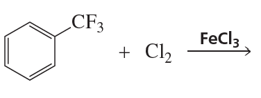 Chemical reaction diagram showing a trifluoromethylbenzene reacting with chlorine in the presence of iron(III) chloride.
