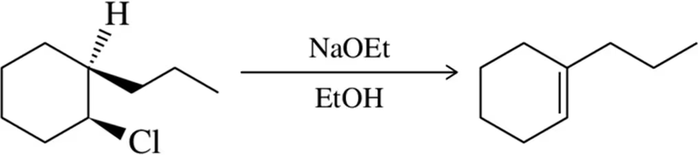 Chemical structure showing an elimination reaction with a chlorine atom and hydrogen, yielding an alkene product.