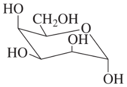 Structural formula of a carbohydrate with hydroxyl groups, indicating potential reducing sugar properties.