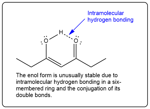 Enol form illustrating intramolecular hydrogen bonding in a six-membered ring.