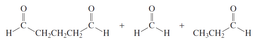 Chemical structures showing products from the oxidative cleavage of a diene, with a question about the diene's structure.