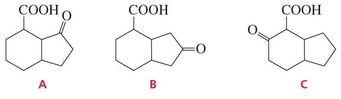 Three chemical structures labeled A, B, and C, each featuring carboxylic acid groups, for a decarboxylation question.