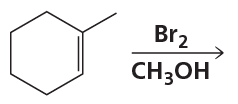 Benzene ring reacting with bromine and methanol, illustrating a halohydrin formation reaction.