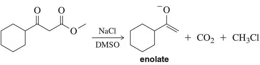 Chemical reaction diagram showing decarboxylation mechanism producing an enolate, carbon dioxide, and chloromethane.