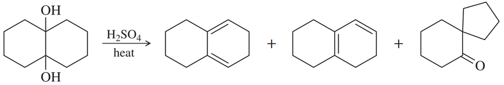Chemical reaction diagram showing dehydration of a compound with two hydroxyl groups, producing multiple products.