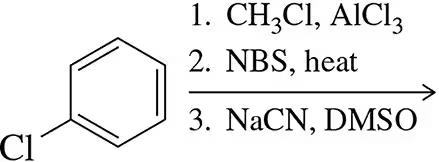 Multistep reaction scheme showing a chlorobenzene with reagents and conditions for product prediction.