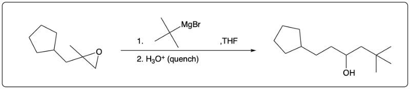 Synthetic scheme depicting an epoxide reacting with MgBr in THF to create an alcohol.