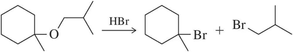 Ether cleavage mechanism with HBr, showing cyclohexyl bromide and isopropyl bromide as products.