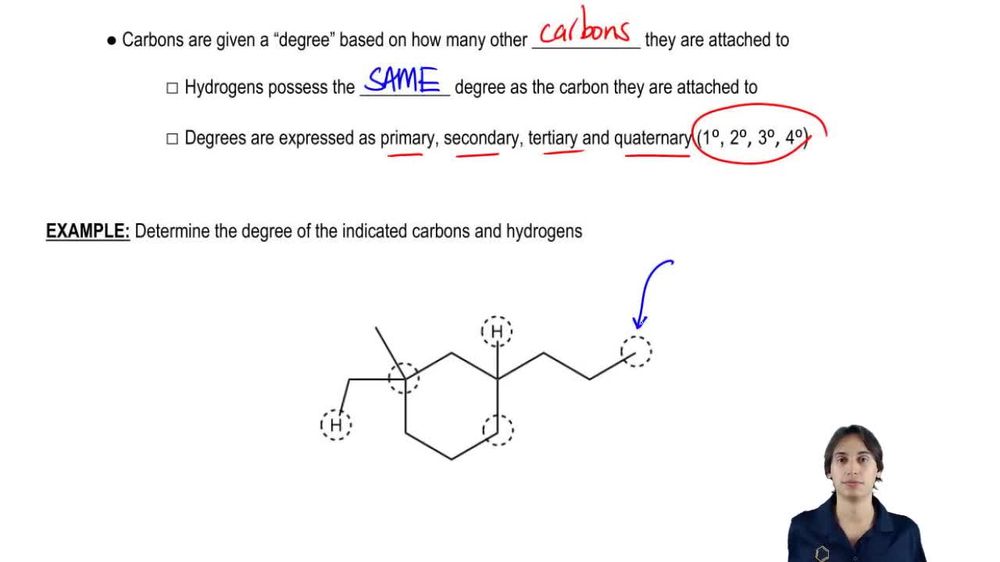 Determine the degree of the indicated carbons and hydrogens.