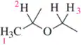 Molecule structure with labeled hydrogens: H3C-CH2-O-CH3, indicating positions for chemical shift analysis.