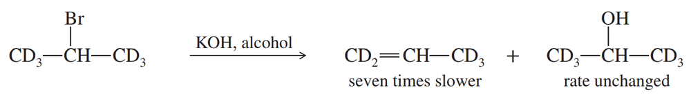 Deuterated compound reaction showing substitution and elimination rates, with elimination seven times slower.