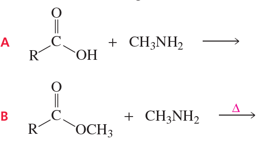 Two chemical reaction diagrams showing the formation of an amide from different reactants.