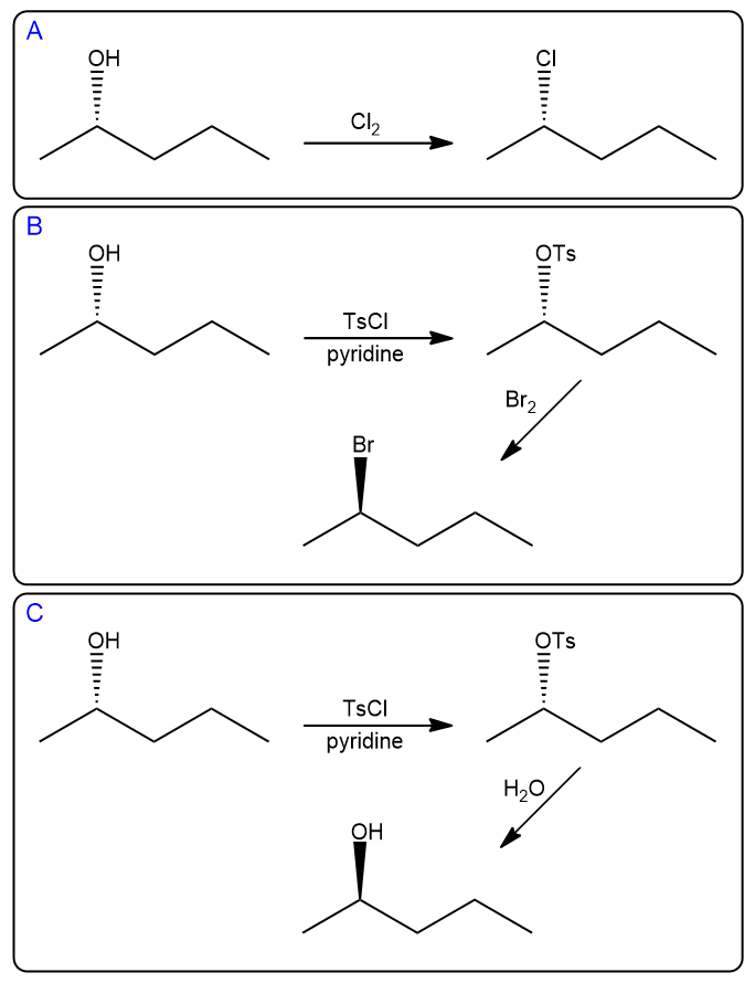 Reaction scheme converting (S)-pentan-2-ol to (S)-2-chloropentane, (R)-2-bromopentane, and (R)-pentan-2-ol.